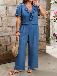 EMERY ROSE Bộ đồ nữ 2 mảnh gồm áo sơ mi ngắn tay cổ chữ V xếp ly và quần ống rộng, phong cách vintage thường ngày, phù hợp cho mua sắm cuối tuần, hẹn hò, đi quán cà phê hoặc mặc đi làm thư giãn. - Màu xanh lam - Xem 5