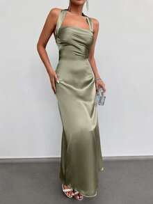 EURMUSE Solid Halter Neck Backless Satin Maxi Dress - Mint Green - View 5