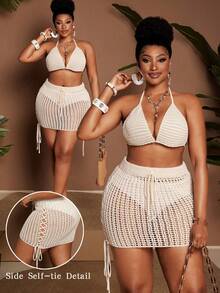 Maweii Bộ đồ nữ phong cách tối giản, gợi cảm, trẻ trung gồm áo crop top cổ yếm khoét rỗng và chân váy ngắn cạp chun thắt nơ, màu trắng, cỡ lớn, thích hợp cho đi biển và nghỉ mát. - Màu be - Xem 2