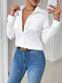 Airaco Casual Collared Pocket Fitted White Long Sleeve Women Blouse Women Shirt Fall Cloth For Women - White - View 7