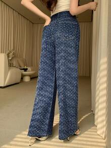 DAZY Women's Casual Loose Straight Leg Jeans With Textured Floral And Striped Pattern, Suitable For Spring And Summer - Navy Blue - View 4