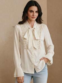 Anewsta Elegant Bowknot Tie Design Embroidered Beaded Women Blouse - Apricot - View 6