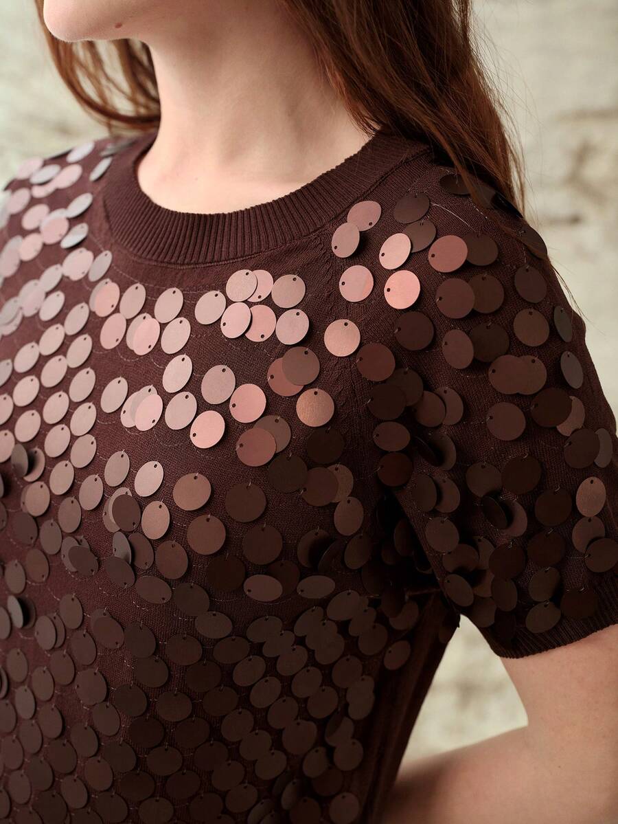MOTF PREMIUM VERSATILE SEQUIN EMBELLISHED SHORT SLEEVE KNIT PULLOVER - Coffee Brown - View 2