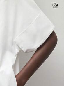 BizChic Đầm cotton trắng trơn dáng rộng, cổ tàu, cài cúc phía trước, kiểu dáng tối giản cơ bản dành cho nữ, thích hợp mặc hàng ngày, đi làm, công sở. - trắng - Xem 8