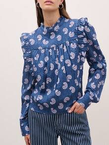 Nöista Women's All-Over Print Pleated Casual Versatile Daily Wear Shirt - Navy Blue - View 5