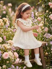 SHEIN Vintaside Kids 女婴甜美花卉图案吊带背心和牛仔短裤套装，蝴蝶结装饰，适合休闲外出、家庭聚会、夏日漫步、舞蹈主题活动、女婴生日派对等场合。 - 杏色 - 查看 3