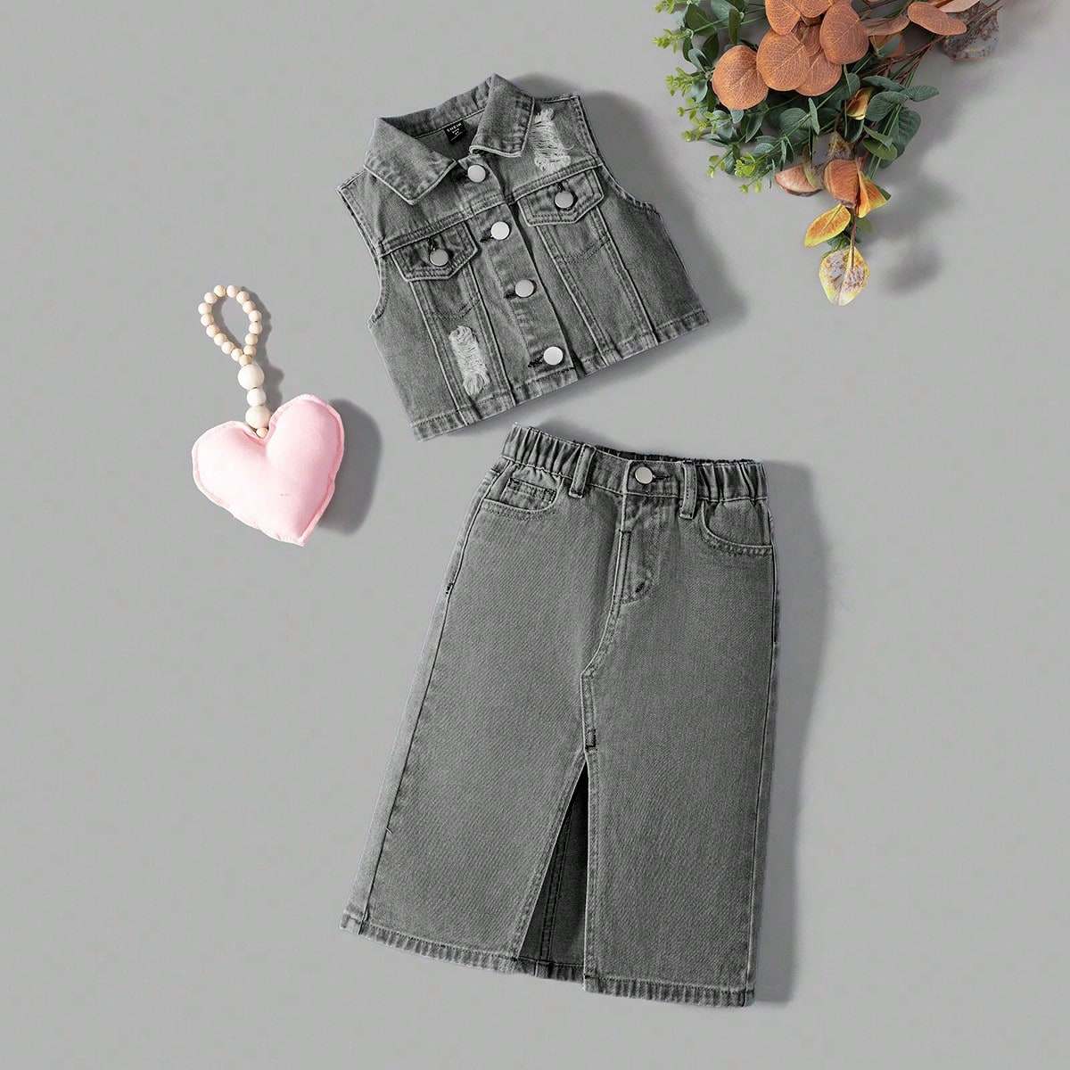 Conjunto de mezclilla para niñas jóvenes, nuevo conjunto de mezclilla azul lavado versátil y minimalista