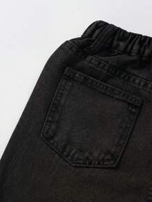 SHEIN ChillGRL Tween Girls Washed Black Denim Jeans, Vintage, Versatile, Floral Embroidery Design Straight Leg Wide Leg Jeans, Summer - Black - View 7