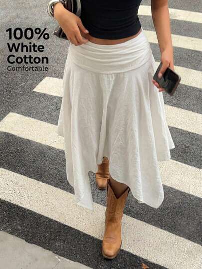 Aloruh Women's Pure White 100% Cotton Midi Skirt With Asymmetrical High-Low Hem - Retro Y2K Boho Style, Perfect For Western Festival, Island Girl Vintage, Seaside Vacation, Spring Break, Vacation Beach Cruise, Concert, Wedding Guest, City Trip, Holiday Wear, Elegant Spring/Summer Outfit