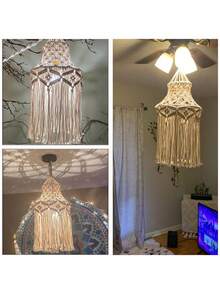 1PC Bohemian Style Tassel Pendant Decor Woven Rope Lampshade Cover Ceiling Light Fixture Decoration Charm Hanging Ornament For Living Room Bedroom Nursery Wedding Party Home Decor Accessory Handmade No Light Included - Ivory - View 10