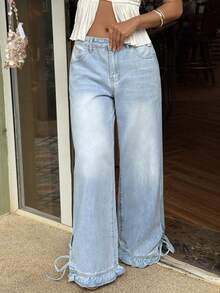 Sunnyshic 女士口袋纽扣休闲百搭日常穿着阔腿牛仔裤 - 藍色 - 查看 6