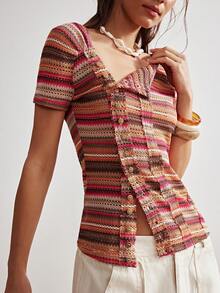 Bohemela Women's Pink Stripe Y2K Summer Boho Vacation Imitation Crochet Knitted Asymmetrical Placket T-Shirt,Bohemian Music Festival Casual Short Sleeve Top - Multicolor - View 1