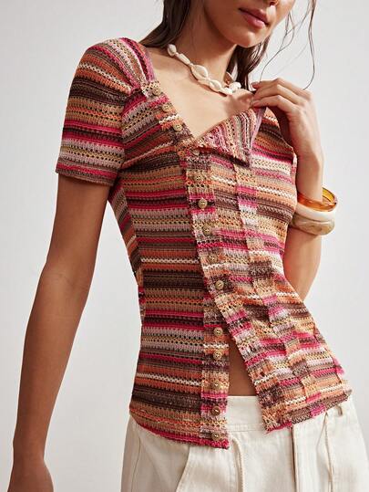 Bohemela Casual Knit Colorful Striped Transformable Collar Short Sleeve Fitted Women T-Shirt
