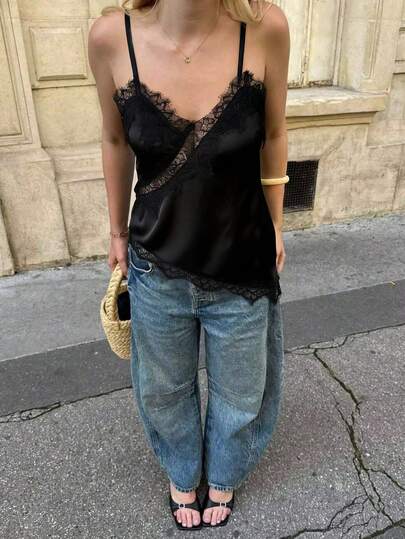 Pariaura 女士性感蕾丝吊带背心，缎面扭结不对称下摆露脐上衣，百搭叠穿单品