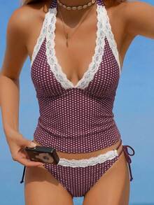 Swim Mod Women's Beach Music Polka Dot Lace Trim Tie Front Tankini Swimsuit Set, Cute Style For Spring/Summer - Multicolor - View 1