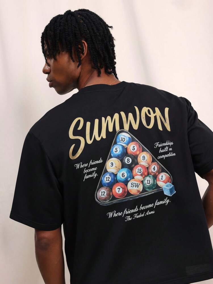 T-shirt noir oversize pour hommes avec design graphique de boule de billard et impression de texte, manches courtes, col ras-du-cou, Top décontracté