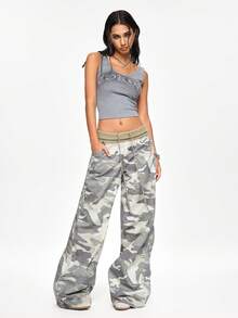 ROMWE Street Life Casual Street Style Cuffed Waist Design Loose Wide Leg Camouflage Jeans - Multicolor - View 6