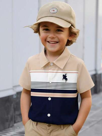 Young BoyShort Sleeve Shirt, Apricot & Navy Stripe Contrast Print, Horse Pattern, Casual Versatile Outfit For Outdoor Travel And Play