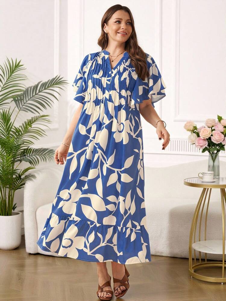 Plus Size Women's Summer Casual Vacation Ruffle Sleeve Floral Print Blue Long Dress With Pocket,, Suitable For Spring/Summer Holiday,Summer Holiday,Spring Break Outfits ,Vacation Outfits Women ,Holiday Outfits For Women,Going Out Outfits,2026 New Clothes,Simple And Fashionable For Everyday Wear,Casual Dresses For Women,Flowy Long Dress ,Suitable For Summer, Vacation, Commute, Daily Wear