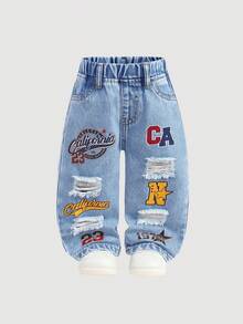 SHEIN Baby/Toddler Boys' Aqua Blue Summer Street Life Casual Graphic Street Fashion Y2k Distressed Letter Print Ripped Frayed Loose Fit Denim Baggy Jeans - Light Wash - View 7