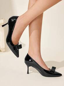 CUCCOO CHICEST Women's Elegant Bowknot Decor Pointed Toe Glossy Pumps, Suitable For Work And Commute Valentine's Day Elegant Shoes Wedding Shoes Summer Shoes Bride Shoes - Black - View 6