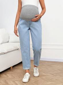 SHEIN 孕妇休闲水洗高腰牛仔裤 - 藍色 - 查看 1