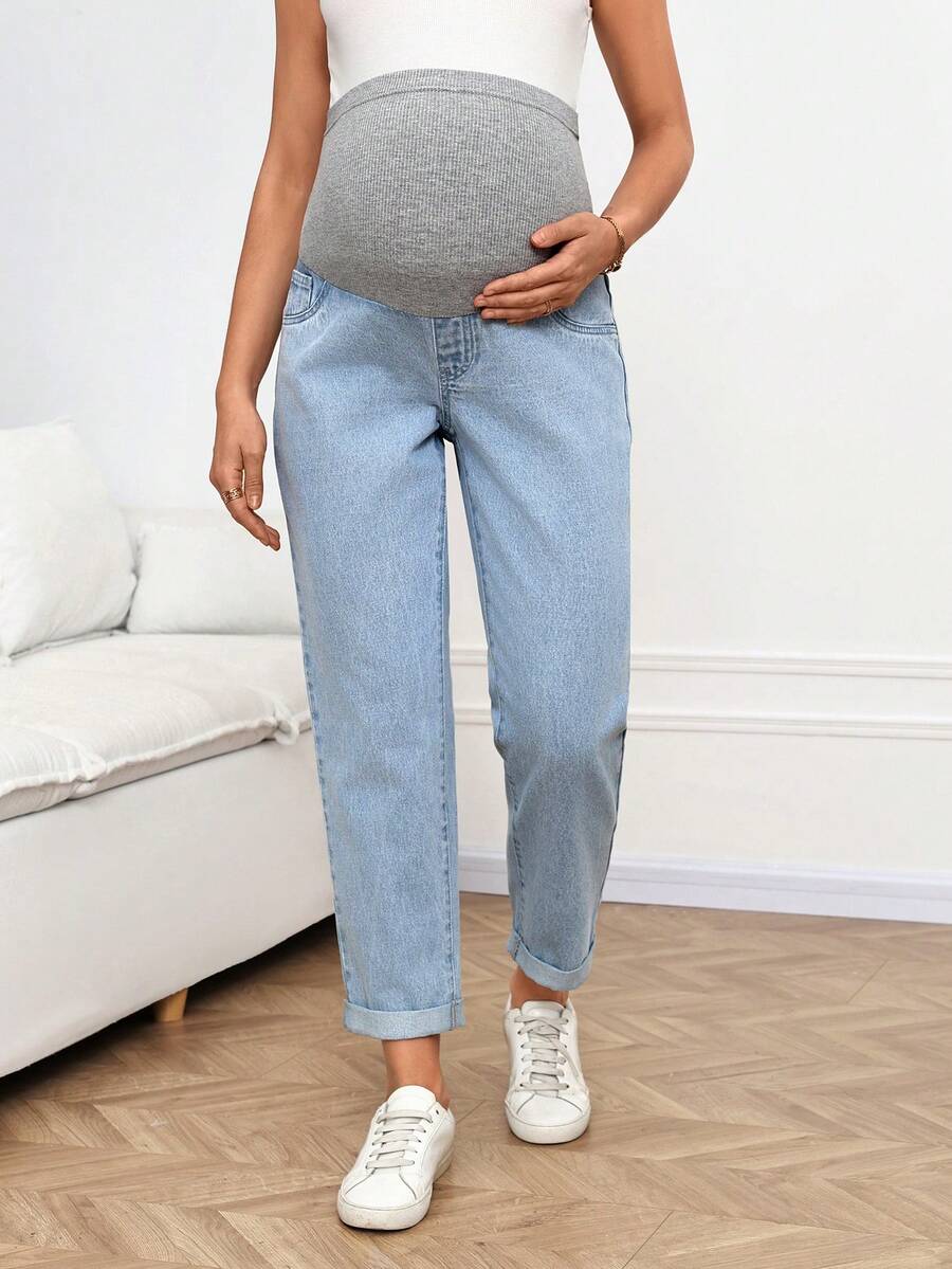 SHEIN 孕妇休闲水洗高腰牛仔裤 - 藍色 - 查看 1