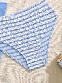 3pcs/Set Tween Girl Blue & White Knit Texture Summer Beach Striped Swimwear Set, Vacation & Holiday Girls Beach Set Swimsuit For Tweens Striped Girls Stripe Bikini With Cover Up 3 Piece Swimsuit Set For Girls Teen Girls Bathing Suit Set Girl Beach Sets - Blue - View 5