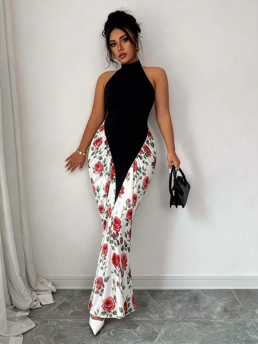 SHEIN Elenzya Damen Große Größen Farbblock Muster ärmelloses Spaghetti-Träger Kleid mit Rückenausschnitt und Meerjungfrau-Saum, lässig elegant sexy modisch vielseitig romantisch süß für Dates, Vintage Strand Urlaub Sommer Outfit, lange Kleider Bodycon Zweiteiler Outfit - Verschiedenfarbig - Übersicht 1
