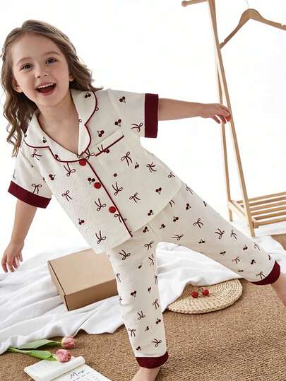 2件套 女童甜美樱桃蝴蝶结印花短袖开衫和裤子 休闲舒适家居服套装