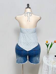 SHEIN ICON Plus Size Criss-Cross Halter Backless Jacquard Yellow Crop Top, Suitable For Summer, Vacation, Y2K - Baby Blue - View 2