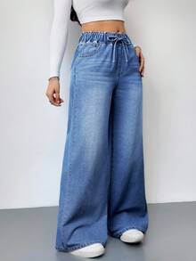 SHEIN Tall 女款休閒高腰寬腿牛仔長褲 藍色，適合高個女性 - 中等水洗藍 - 查看 3