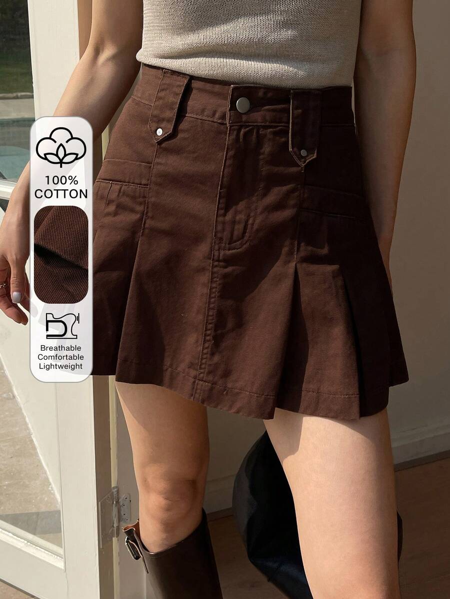 DAZY Chân váy ngắn xếp ly eo thường dành cho nữ, chân váy chữ A bằng denim trẻ trung và năng động cho mùa hè - màu nâu - Xem 1