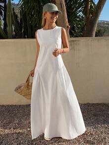 DAZY Vestido de mujer con cuello redondo, sin mangas, diseño de abertura en la cintura y ajuste en la cintura, estilo vacacional - Blanco - Ver 4