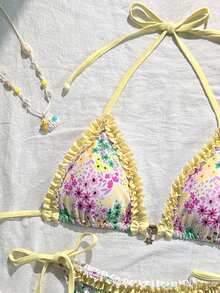 Swim Mod 女士新款格纹荷叶边V领露背三角系带比基尼泳衣两件套，春夏荷叶边比基尼节日系带比基尼套装，女士花卉比基尼三角比基尼，Zestiva泳装比基尼串珠比基尼配饰 - 彩色 - 查看 3