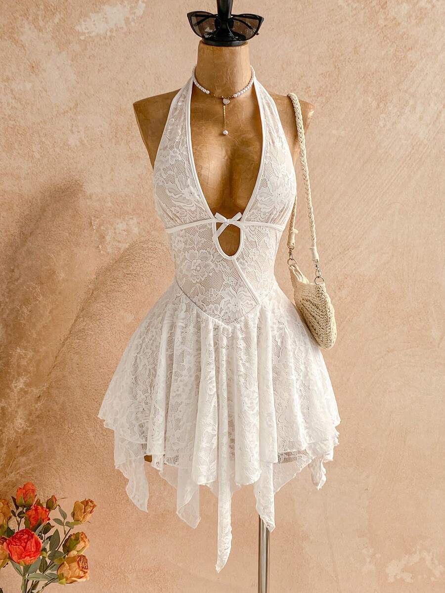 Soleia 女士花卉蕾丝不对称荷叶边下摆时尚露背连衣裙波西米亚风夏季服装女士夏季套装女士沙滩派对服装女士沙滩裙女士度假泳装罩衫 - 白色 - 查看 1