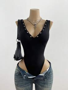 StreetHx 休闲百搭蕾丝深V领镂空装饰连体衣，黑色，春夏款 - 黑色 - 查看 7