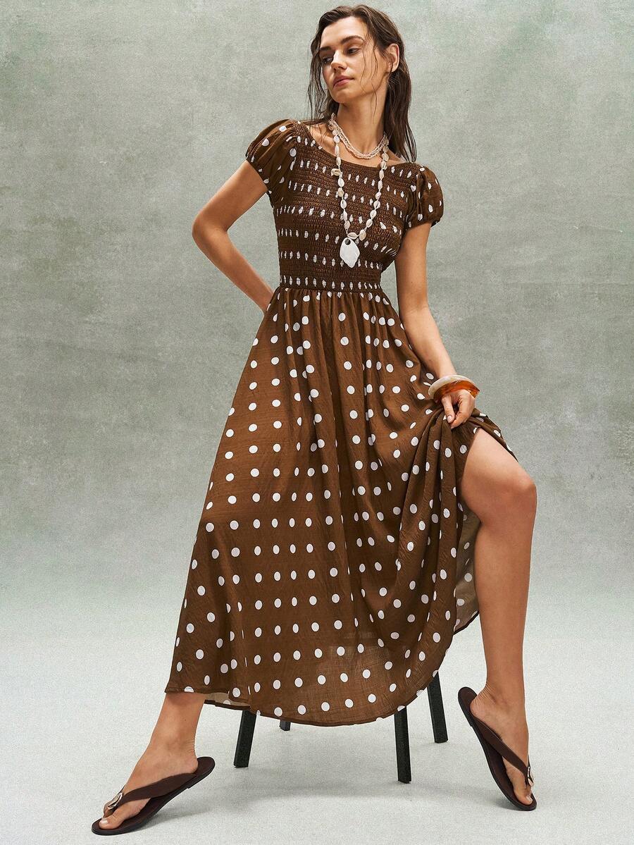Bohemela Casual Woven Polka Dot Backless Dress For Women - Brown - View 1