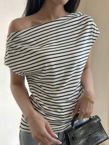 DAZY Women's Striped Open Shoulder Casual Commuting Batwing Sleeve T-Shirt Summer - Apricot - View 5