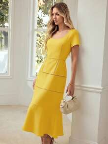 MOTF PREMIUM VESTIDO ELEGANTE DE MANGA CORTA CON FLORES 3D PARA CITAS NOCTURNAS DE MUJER, PRIMAVERA/VERANO - Amarillo - Ver 4