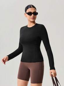 OutZeal Gym Top Women Sports Black Tee Solid Color Summer Spring Fitness Yoga Casual Semi Sheer Stretchy Built-In Tank Tee Long Sleeve Active Tops - Black - View 9