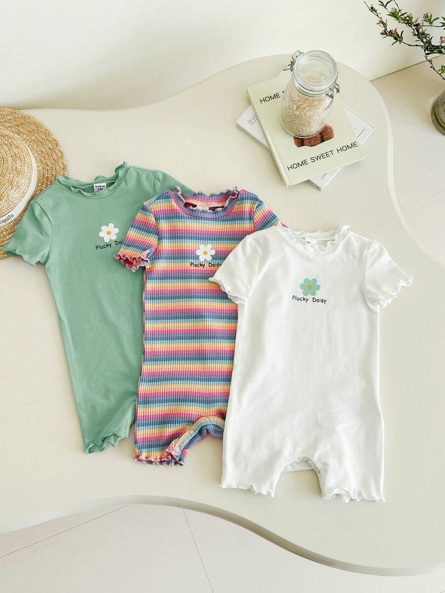 3pcs Newborn Baby Girl Cute Knitted Colorful Striped Floral Pattern Short Sleeve Romper Set, Summer - Multicolor - View 1