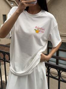 Livesso Women's Loose Casual White Summer Streetwear City Break Top,Round Neck Fruit & Letter Print,Basic Music Festival Oversized Graphic T-Shirt - White - View 2