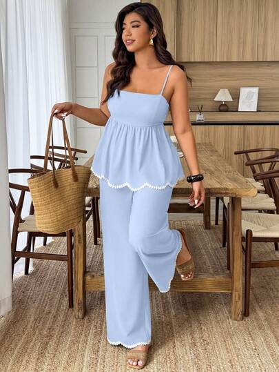 Weeklong Plus Size Women's 2 Pieces Wave Heart Ribbon Contrast Color Faux Linen Waist Casual Commuter Suit, Spring/Summer