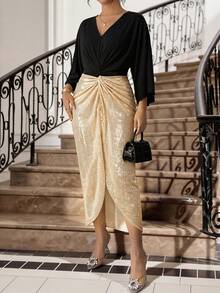 SHEIN Lady 派对休闲优雅亮片连衣裙，女士优雅连衣裙，大码女士V领蝙蝠袖扭腰闪亮优雅连衣裙，优雅中长连衣裙，女士派对连衣裙，优雅前系连衣裙，中长婚礼宾客连衣裙，女士闪光连衣裙，女士奢华连衣裙，女士长袖优雅连衣裙，优雅连衣裙。夏季连衣裙，节日连衣裙，女士婚礼宾客连衣裙，女士奢华晚礼服，女士毕业典礼连衣裙，女士优雅连衣裙 - 彩色 - 查看 4