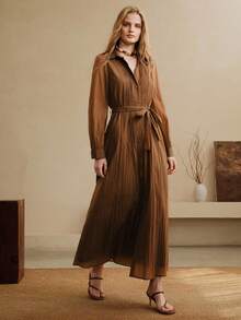 Arave Women's Dark Brown Elegant Long Sleeve Shirt Dress,Button-Down Pleated Nylon Fabric Casual Dress With Tie Waist,Autumn Office Outfits For Vacation - Coffee Brown - View 4