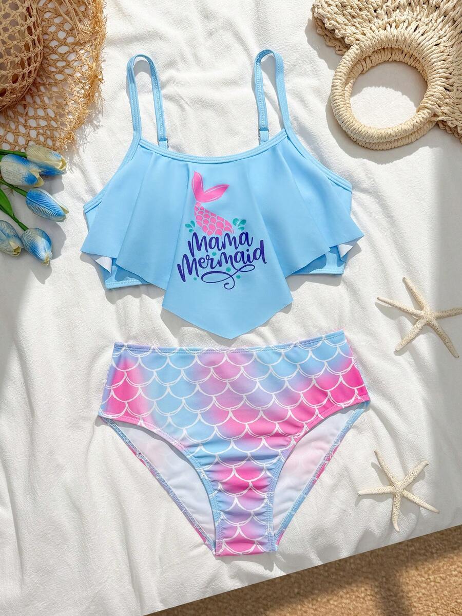 SHEIN Tween Girls Tankini 2 Pieces Swimwear,Baby Blue Mermaid Tail Ruffled Crop Top & Fish Scale Bottoms,Cute Summer Beach Holiday Bathing Suits For Teens - Blue - View 1