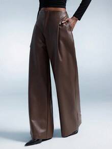 SHEIN PETITE CURVE CURVE Plus Size Women's Petite Brown PU Leather Wide Leg Pants, High-Waisted Straight Leg Elegant Office Bussines Formal Pants, Autumn Smart Casual - Brown - View 4