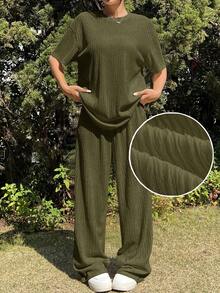 SHEIN EZwear 2件套休闲宽松纯色落肩短袖圆领加大码 - 軍綠色 - 查看 1
