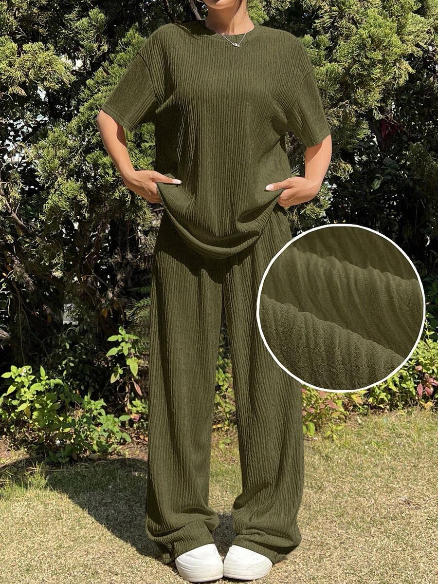SHEIN EZwear 2件套休闲宽松纯色落肩短袖圆领加大码 - 軍綠色 - 查看 1
